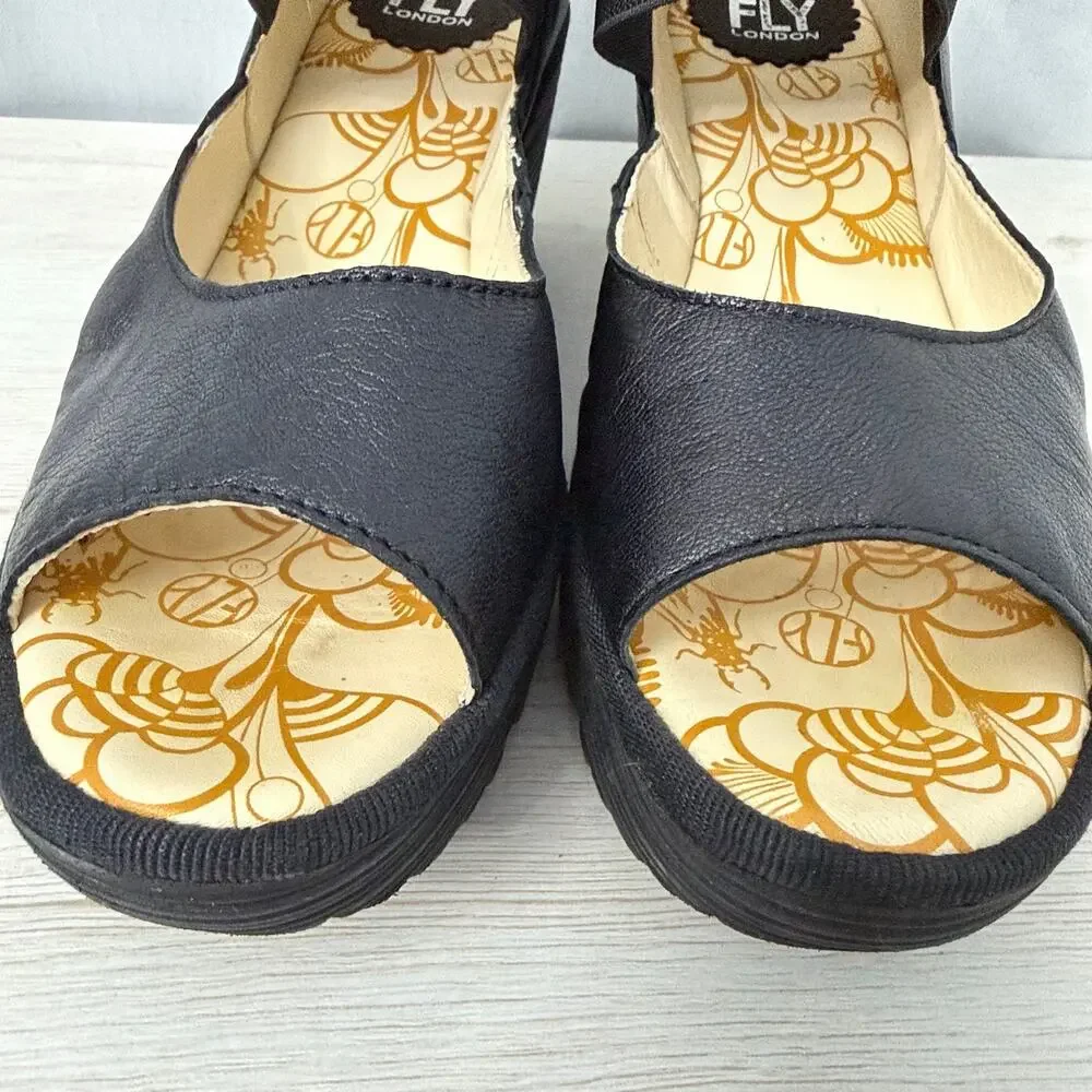 Fly London Yefi Wedge Sandals Womens Size 8 Black Leather YEFI473FLY 39